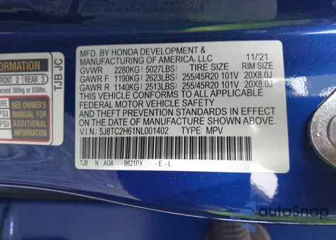 2022 Acura Rdx A-Spec Package from USA, damaged, VIN 5J8TC2H61NL001402